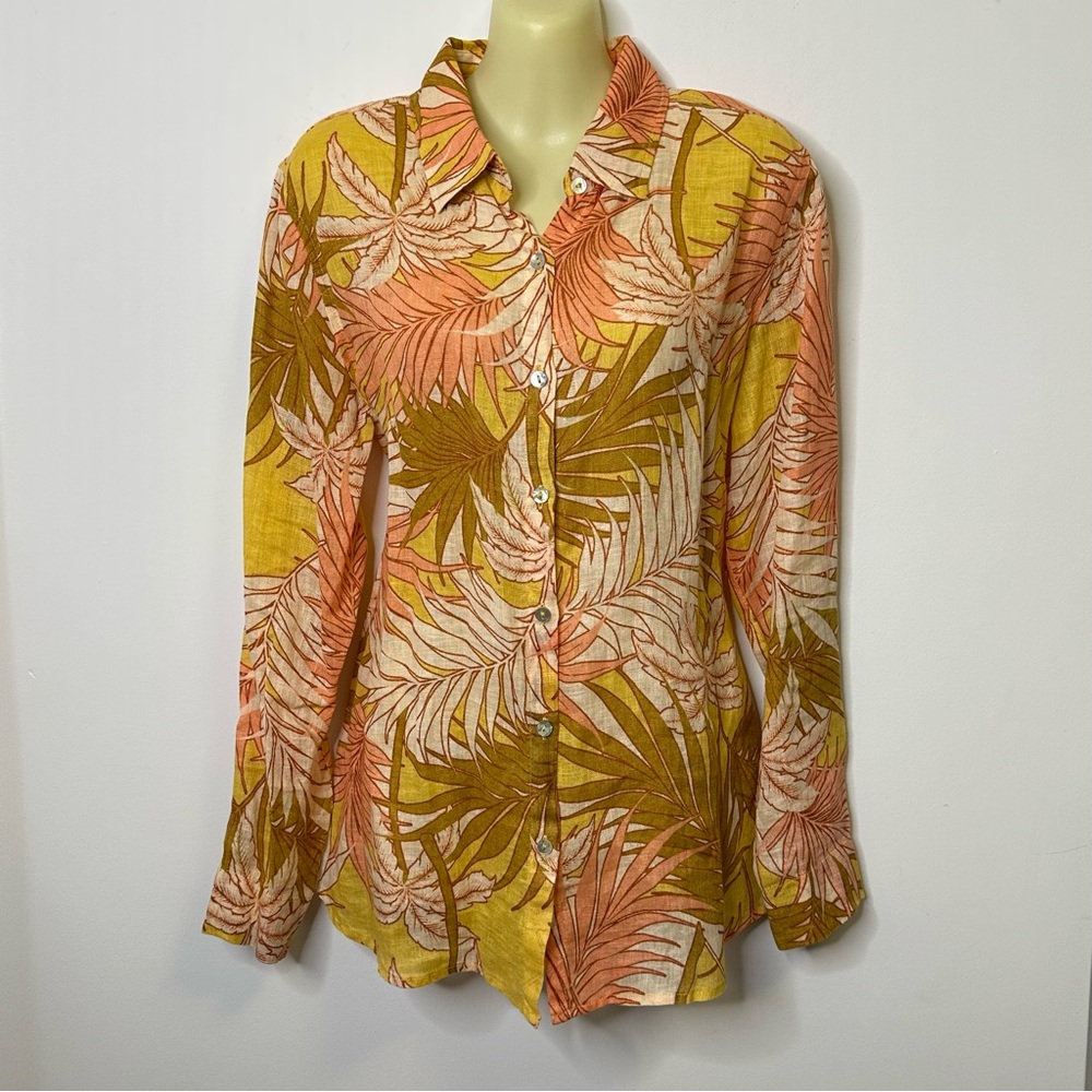 Tahari Linen Tropical Print Long Sleeve Button Down Shirt size S